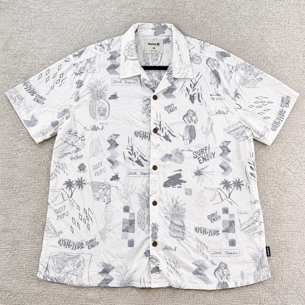 Hurley Button Up Dark Tropics Cotton Rayon XL White Gray Surf Graphic Shirt